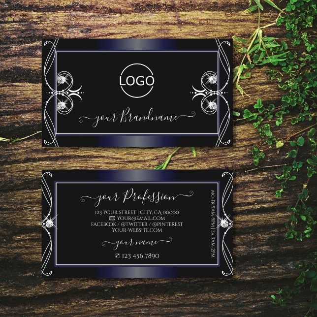 Black Dark Blue Ornate Sparkling Diamonds Add Logo Business Card (Creator Uploaded)