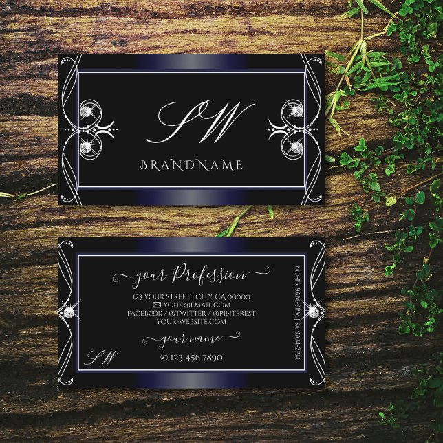 Black Dark Blue Ornate Sparkling Diamonds Initials Business Card (Creator Uploaded)