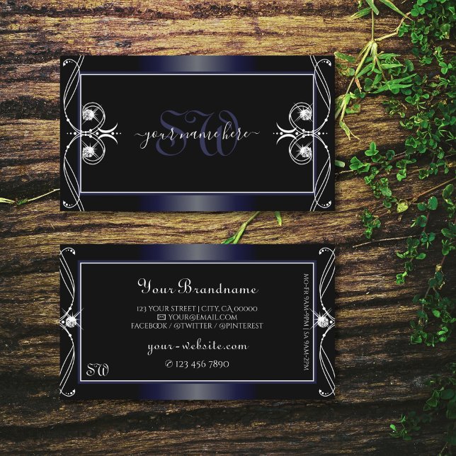 Black Dark Blue Ornate Sparkling Diamonds Monogram Business Card (Creator Uploaded)
