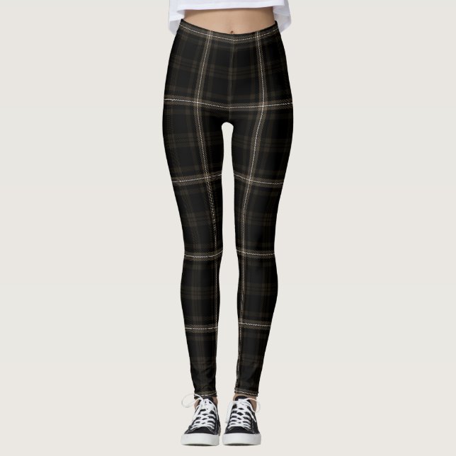 Black, DARK Brown, White, Black Twill Tartan Leggings (Front)