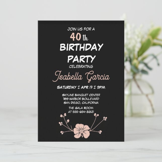 Black Dark Floral Birthday Invitation  (Standing Front)