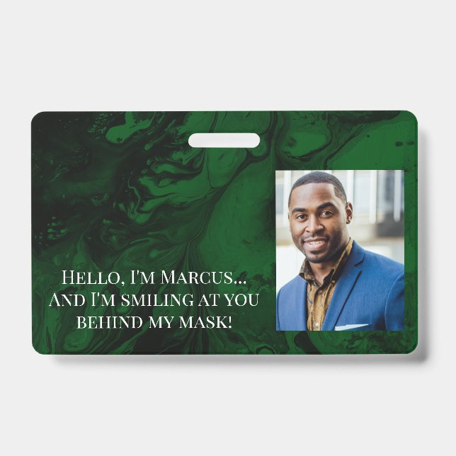 Black & Dark Green Marble Hello Behind the Mask ID Badge (Front)