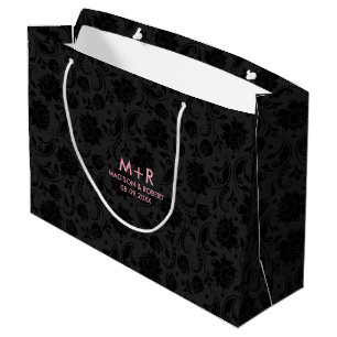 Black & Dark Grey Damasks Custom Pink Wedding Text Large Gift Bag