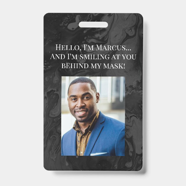 Black & Dark Grey Marble Hello Behind the Mask ID Badge (Front)
