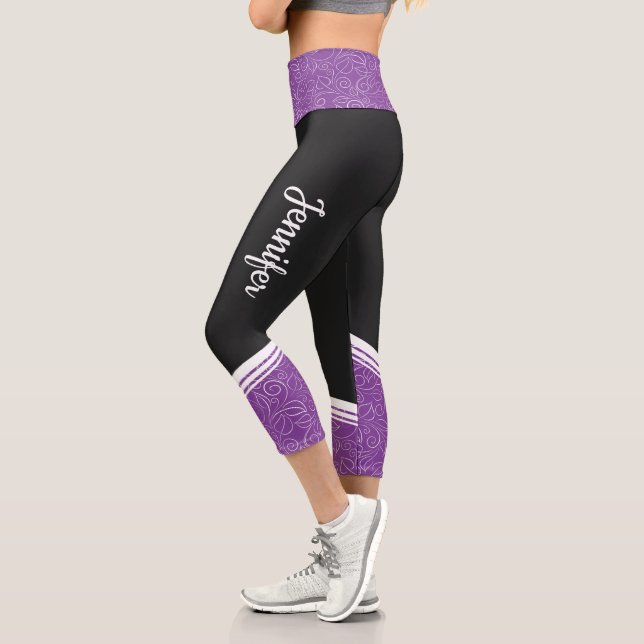 Black & dark lavender floral white stripe and name capri leggings (Left)