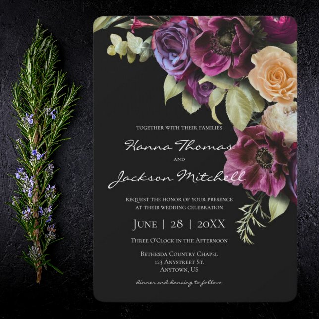 Black Dark Moody Elegant Floral Wedding Invitation (Creator Uploaded)