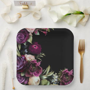 Black Dark Moody Elegant Wedding Paper Plate