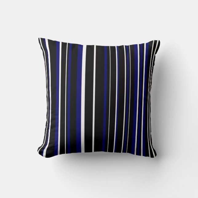 Black, Dark Navy Blue, and White Barcode Stripe Cushion (Front)
