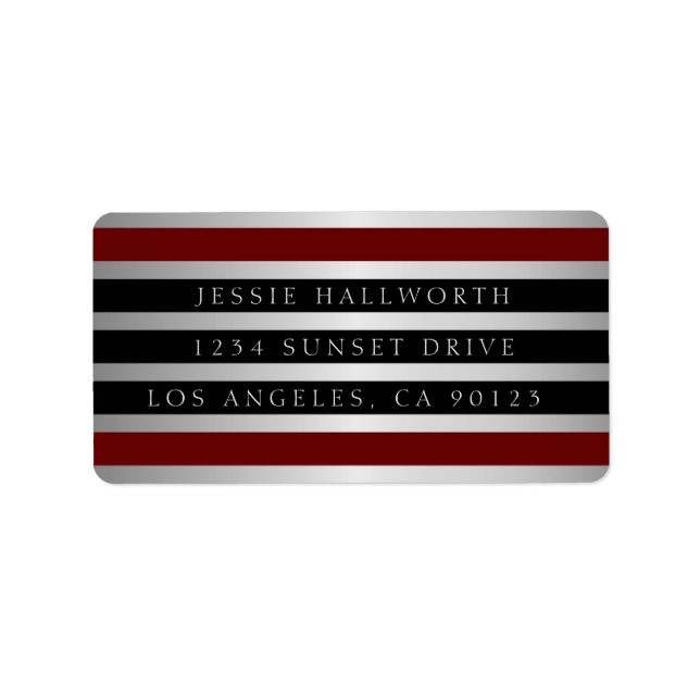 Black Dark Red Stripes & Faux Silver | Address Label (Front)