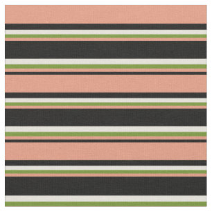 Black, Dark Salmon, Green & Beige Lined Pattern Fabric