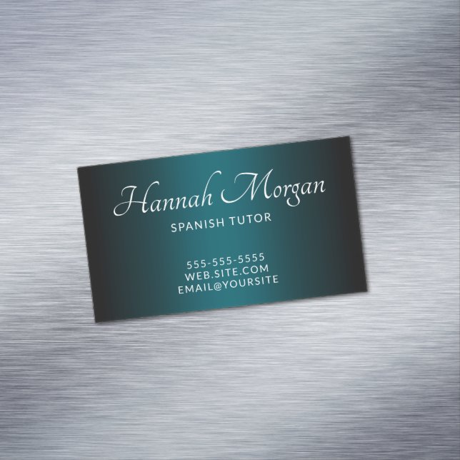 Black Dark Teal Ombre Elegant Script Magnetic Business Card (In Situ)