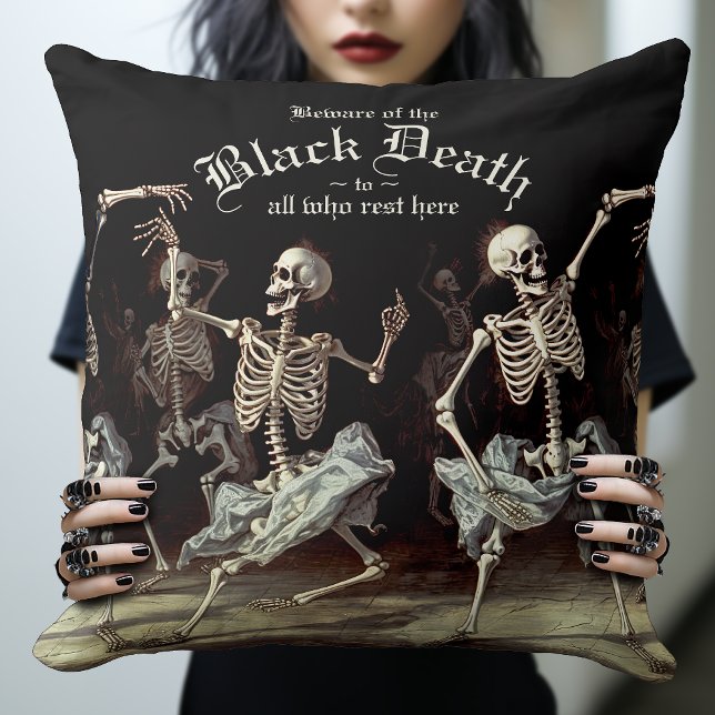 Black Death Dancing Skeletons Halloween Cushion (The Dancing Skeletons Throw Pillow. A piece of alternative gothic decor.)