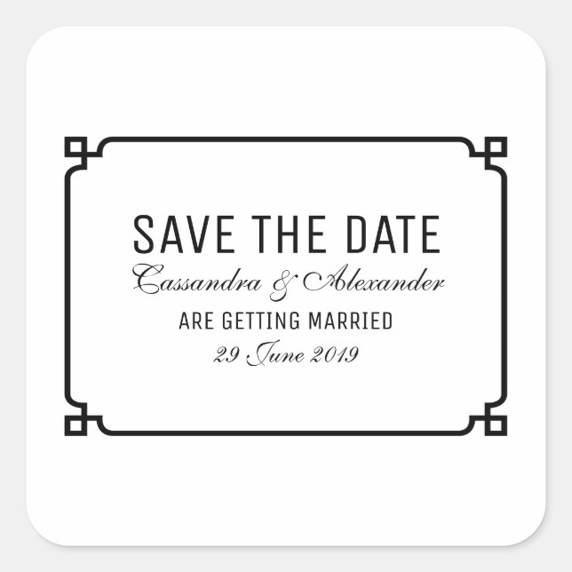 Black Deco Chic Save the Date Square Sticker (Front)