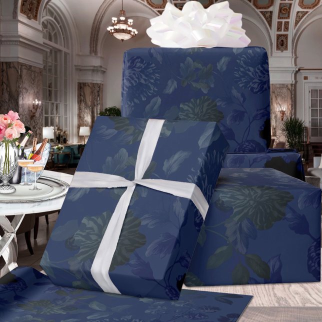 Black & Deep Blue Floral Ombre Wedding Wrapping Paper (Creator Uploaded)