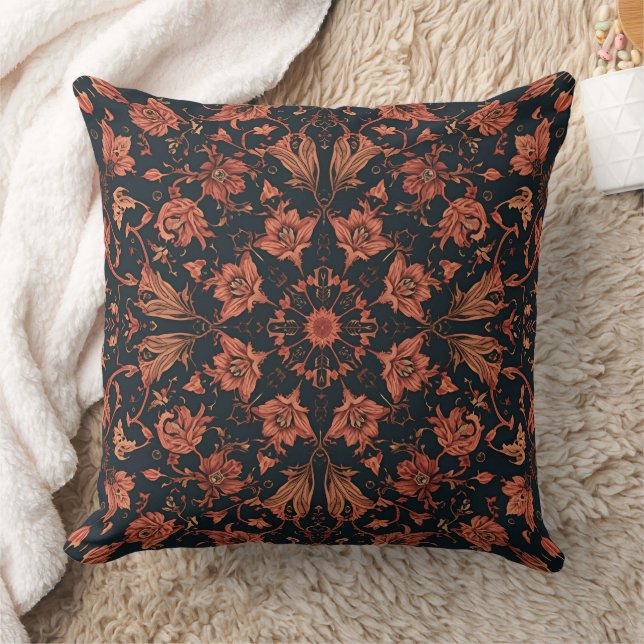 Black & Deep Orange Floral Damask Cushion (Blanket)