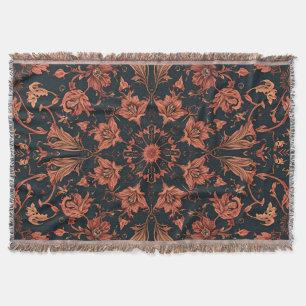 Black & Deep Orange Floral Damask Throw Blanket