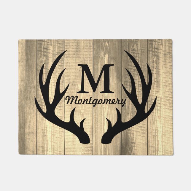 Black Deer Antlers Barn Wood Planks - Personalised Doormat (Front)