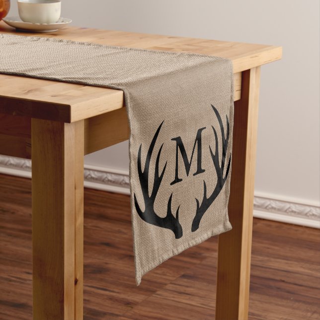 Black Deer Antlers Faux Burlap - Personalised Long Table Runner (In Situ)