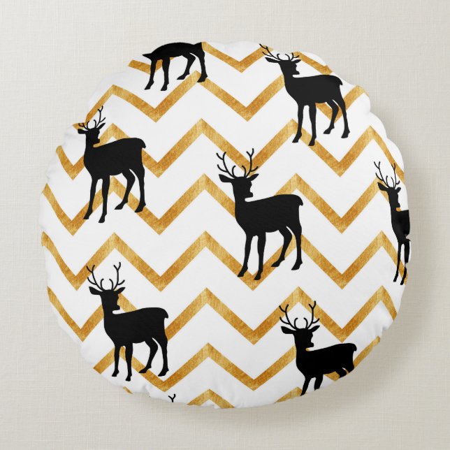 Black deer, gold texture pattern. round cushion (Front)