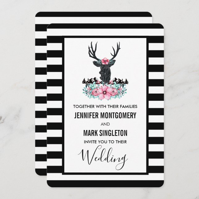 Black Deer Head w/ Florals & Mountains Wedding Invitation (Front/Back)
