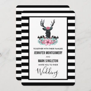 Black Deer Head w/ Florals & Mountains Wedding Invitation