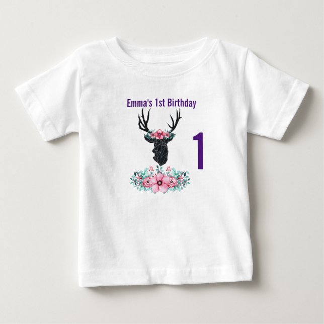 Black Deer Head w/ Pink Flower Bouquet Birthday Baby T-Shirt (Front)