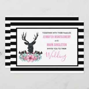 Black Deer Head w/ Pink Flowers & Mountain Wedding Invitation