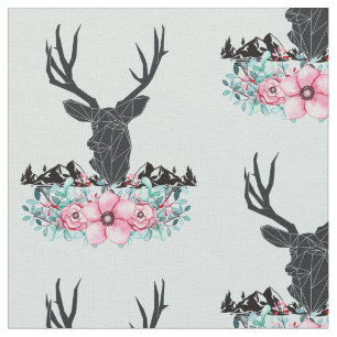Black Deer Head w/ Pink Flowers & Mountains Fabric