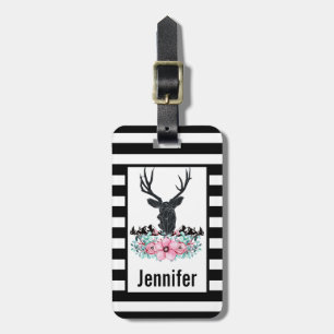 Black Deer Head w/ Pink Flowers & Mountains Luggage Tag