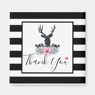 Black Deer Head w/ Pink Flowers & Mountains Magnet