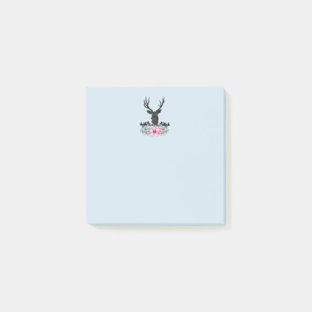 Black Deer Head w/ Pink Flowers & Mountains Post-it Notes (Front)