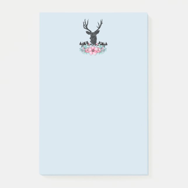 Black Deer Head w/ Pink Flowers & Mountains Post-it Notes (Front)