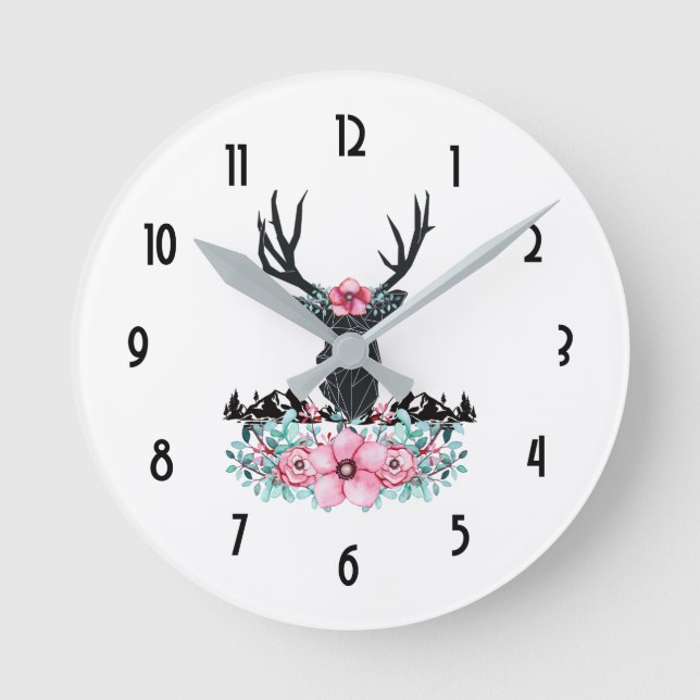 Black Deer Head w/ Pink Flowers & Mountains Round Clock (Front)
