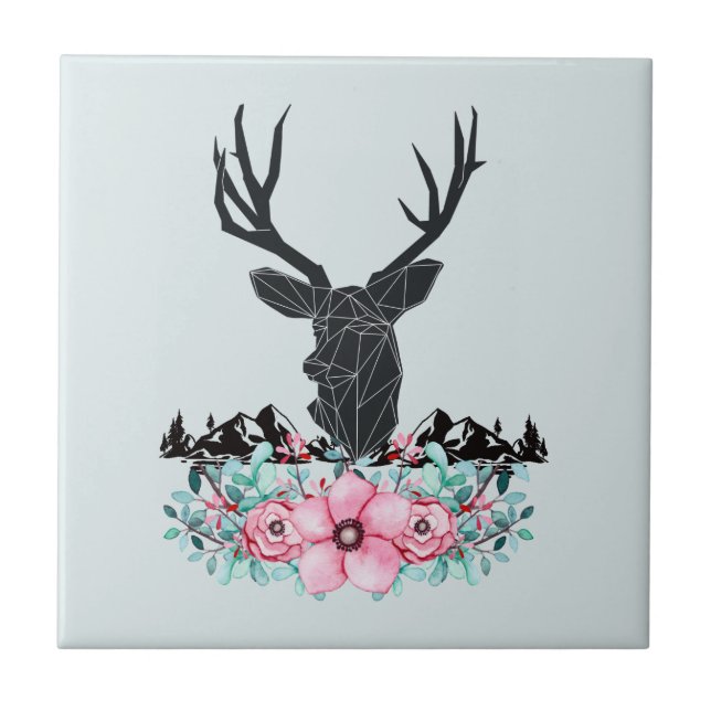 Black Deer Head w/ Pink Flowers & Mountains Tile (Front)