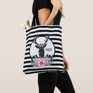 Black Deer Head w/ Pink Flowers & Mountains Tote Bag