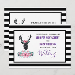 Black Deer Head w/ Pink Flowers Wedding Invitation