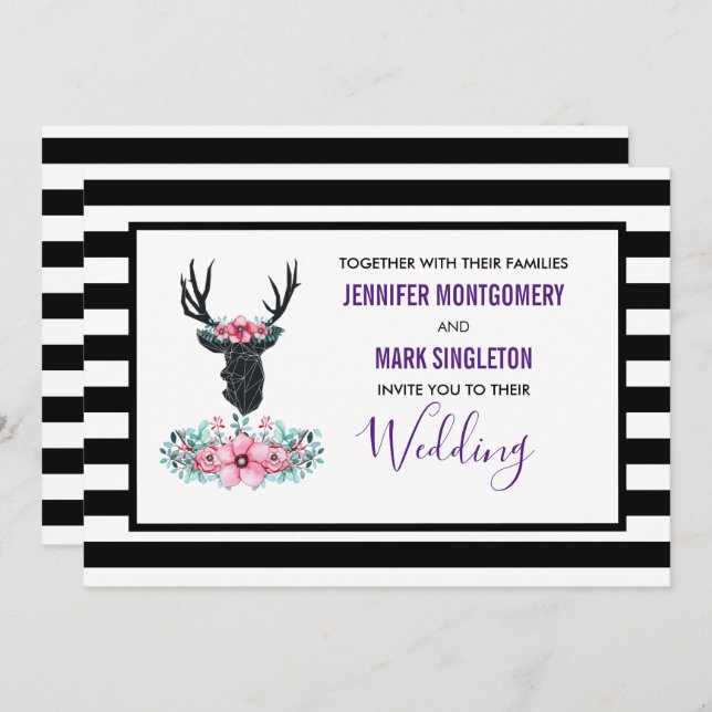 Black Deer Head w/ Pink Flowers Wedding Invitation (Front/Back)