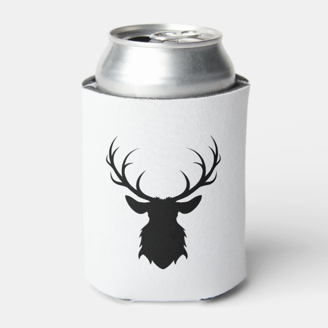 Black Deer Head with Antlers Silhouette Can Cooler (Can Front)