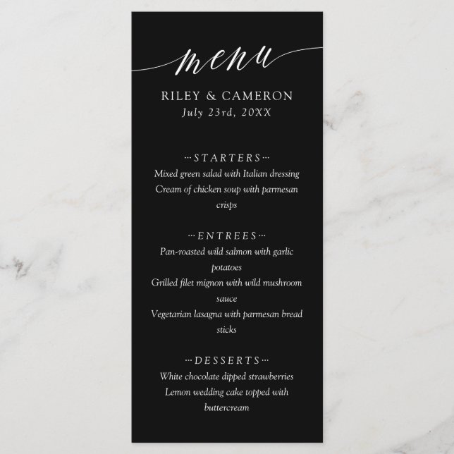 Black Delicate Calligraphy Elegant Wedding Menu (Front)