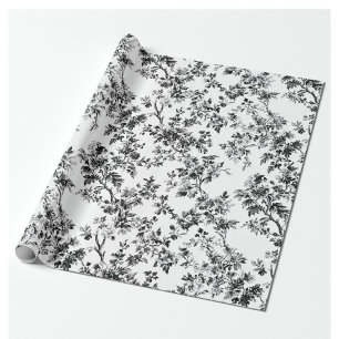 Black Delicate Floral Toile Garden Party Wrapping Paper