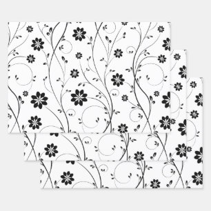 Black Delicate Flowers Pattern Wrapping Paper Sheet