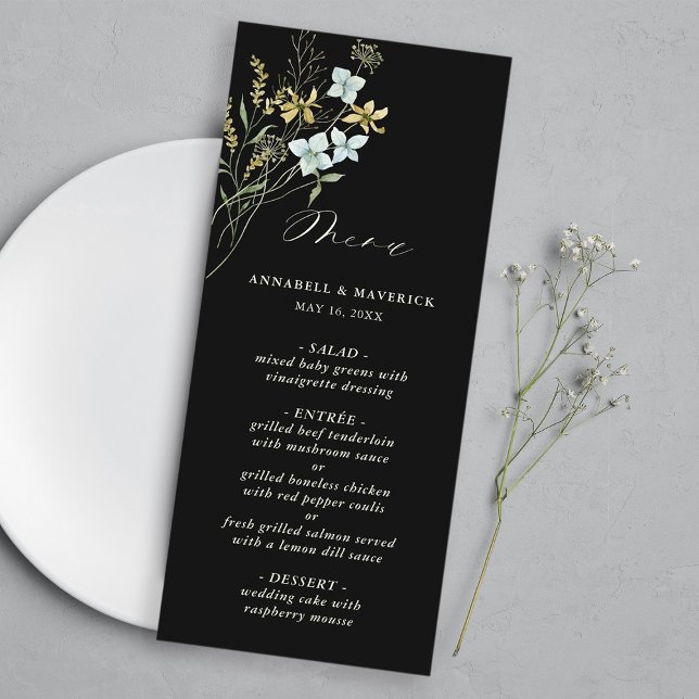 Black Delicate Wildflower Modern Boho Wedding Menu (Creator Uploaded)