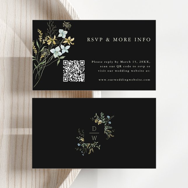 Black Delicate Wildflower Modern Boho Wedding RSVP Enclosure Card (Front & Back)