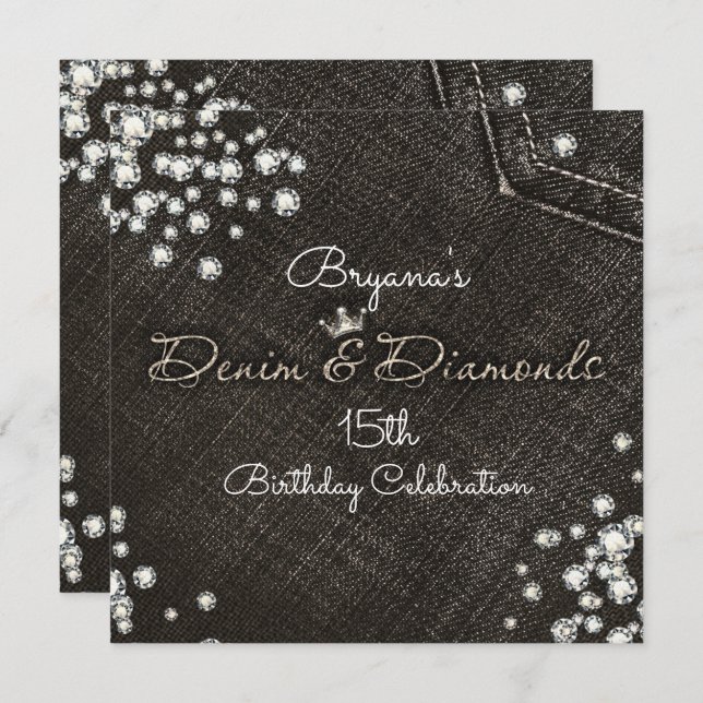 Black Denim & Diamonds Glam Crown Party Invitation (Front/Back)
