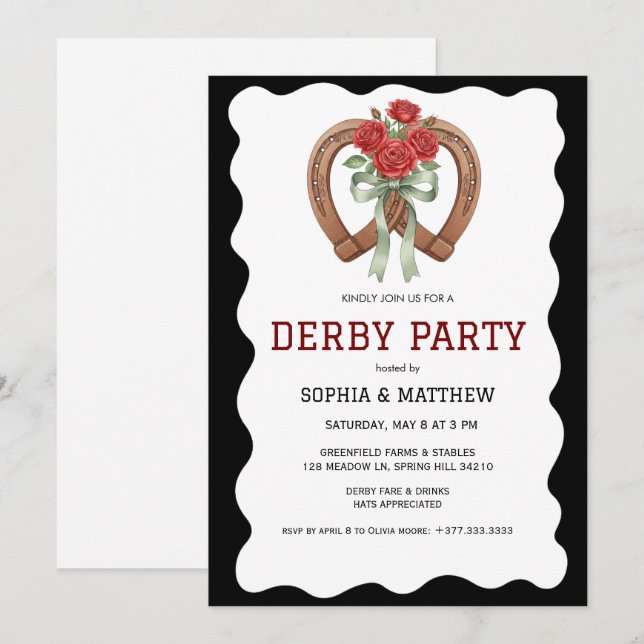 Black Derby Party Invitation Elegant Horseshoe (Front/Back)