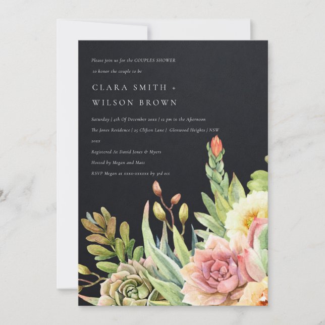 BLACK DESERT SUCCULENT CACTI FOLIAGE COUPLE SHOWER INVITATION (Front)