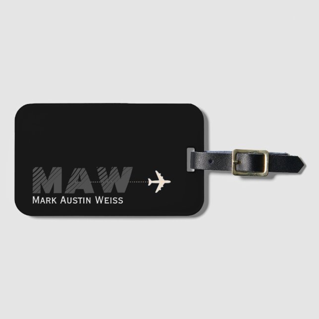 black design with traveller name/initials luggage tag (Front Horizontal)