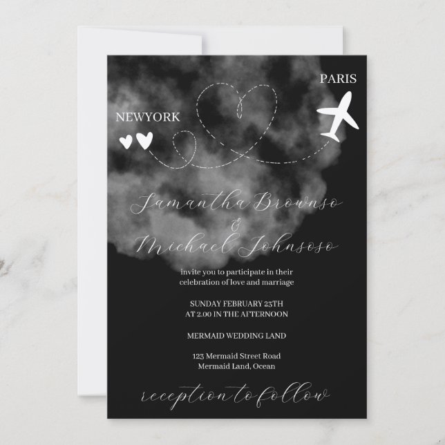 Black Destination plane flight abroad wedding Invitation (Front)