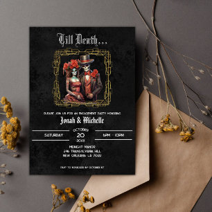 Black Día De Los Muertos Skulls Engagement Party  Invitation