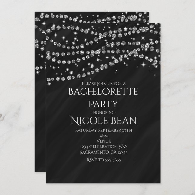 Black & Diamond Glamour Sparkle Party Invitations (Front/Back)